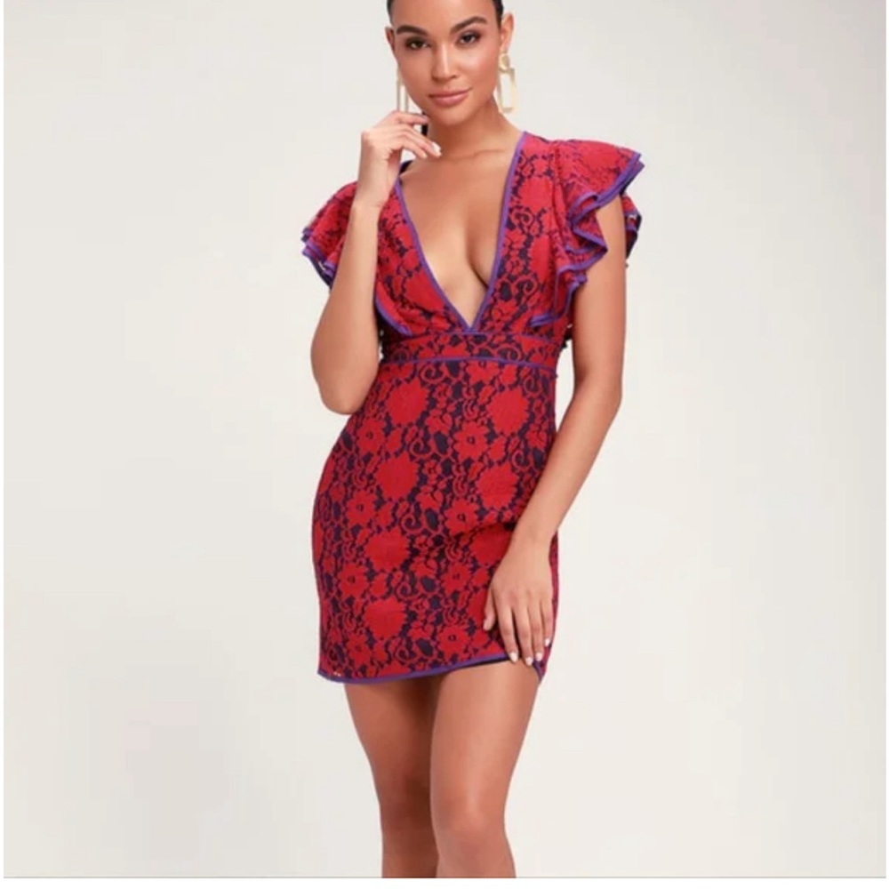 Lulus Under The Stars Purple and Red Lace Ruffle Mini Dress Bodycon